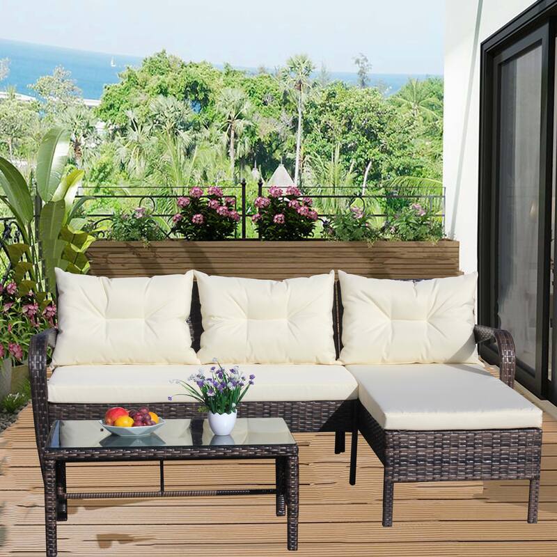 3-Piece Outdoor Wicker Rattan Sectional Sofa Set with Coffee Table