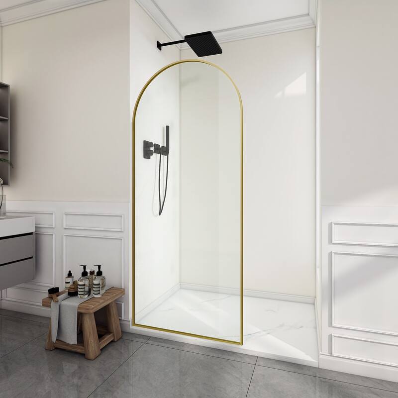 Ember Series 34 in. W x 78 in. H Fixed Framed Shower Door in Black, Gold or Nickel Finish with Clear or Fluted Glass