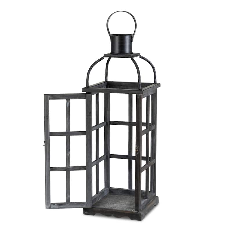 Glitzhome Farmhouse Wooden Metal Cage Candle Holders Patio Hanging Vintage Lanterns (Set of 2)