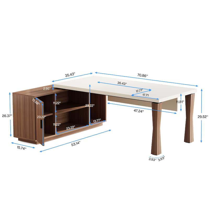Modern 71-Inch Executive Desk, L-Shaped Desk with Storage Shelves and Cabinet, Large Office Desk Business Furniture Set