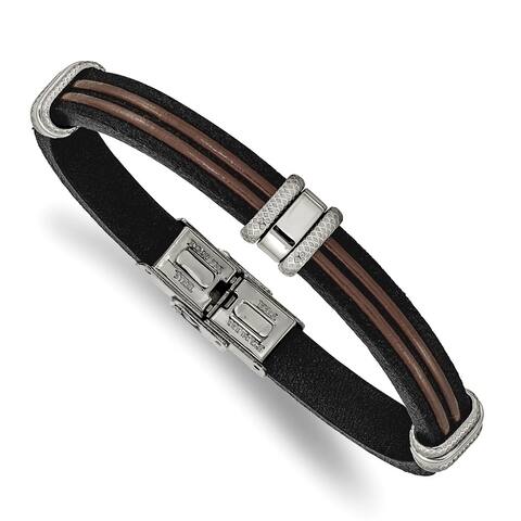Chisel Stainless Steel Polished Black and Brown Leather 8.25 Inch Bracelet