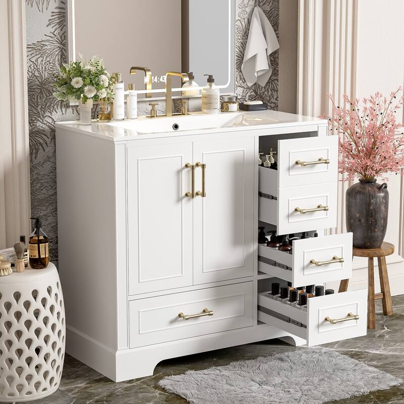 36" Traditional Bathroom Vanity with Ceramics Sink , White Bathroom Cabinet with Two Soft Close Doors and Four Drawers