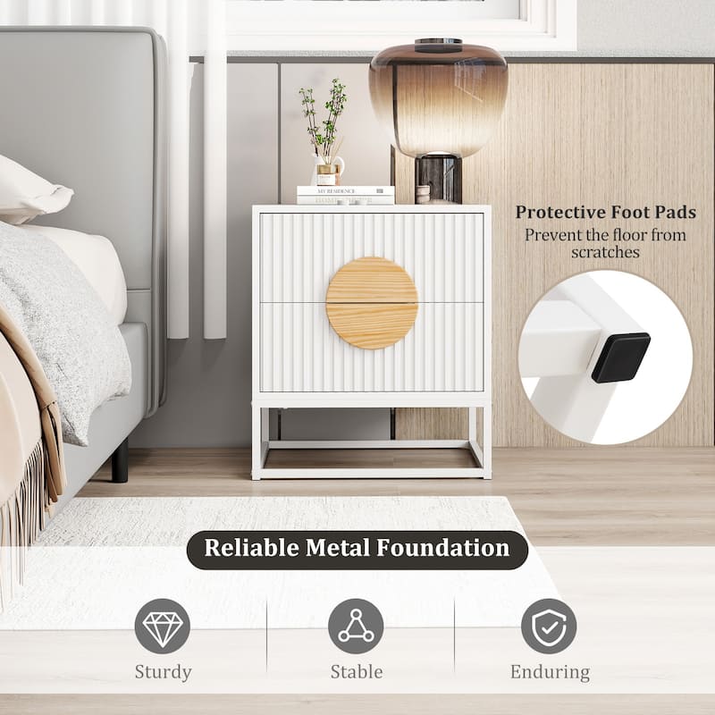 Modern Wooden Fluted Nightstand with 2 Storage Drawers and Metal Base for Bedroom