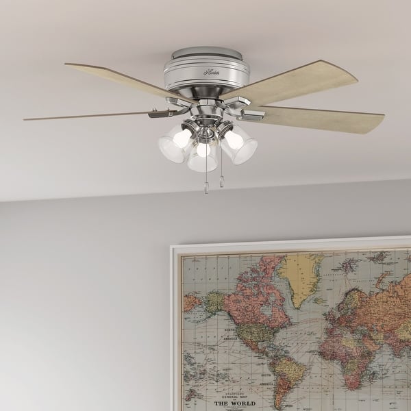 slide 2 of 18, Hunter 52" Crestfield Low Profile Ceiling Fan with 3-Light LED Light Kit and Pull Chain - Casual, Farmhouse, Rustic Brushed Nickel