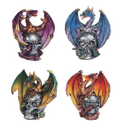 Q-Max 4-Piece Green, Blue, Red, and Purple Dragons Standing on Skull 3"H Fantasy Decoration Figurine Set