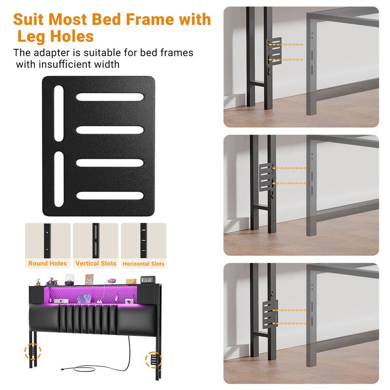Upholstered Headboard with Storage Shelf and Small Cabinet, Headboard Power Outlet and LED Light