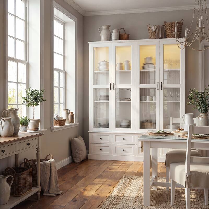 63" Lighted Glass Display Cabinet Curio Cabinet with Bluetooth LED Lights, White China Cabinet Storage for Living Room