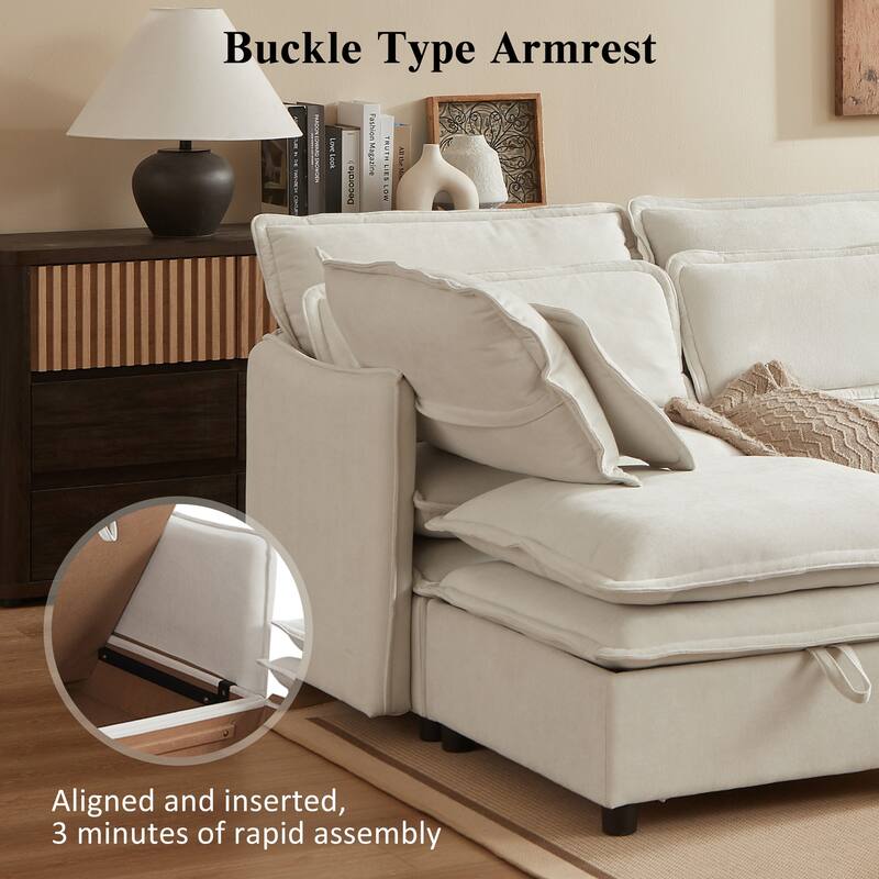 U-Shaped Modular Sectional Sofa with 2 Storage Ottomans, Convertible Sectional Sofa Bed, 6 Seater Sofa with Throw Pillows