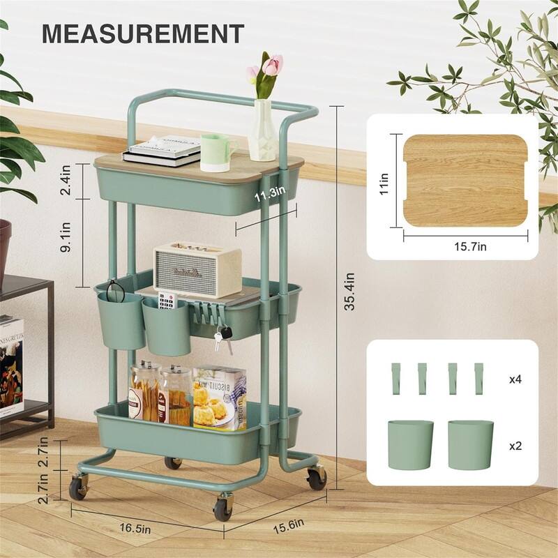 3 Tier Utility Rolling Cart - 15.6"D x 16.5"W x 35.4"H