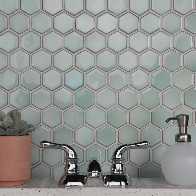 Merola Tile Hudson Due 2" Hex Mint Green 10-7/8" x 12-5/8" Porcelain Mosaic Floor and Wall Tile