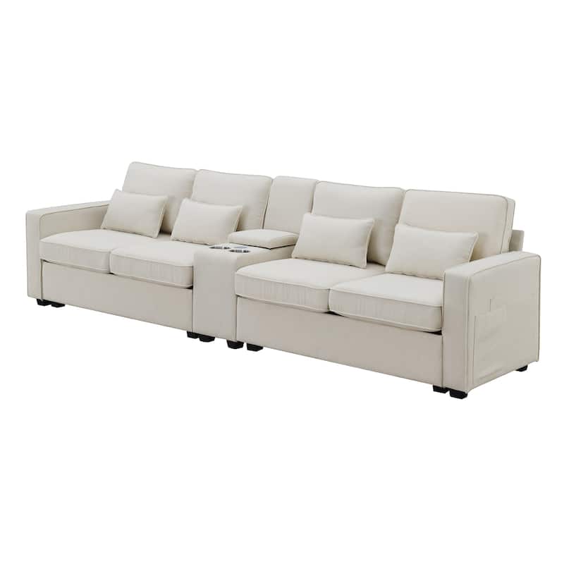 Modern 4-Seat Sofa with Console, Wireless Charging, 2 Cupholders, and 4 Pillows, Upholstered in Linen Fabric