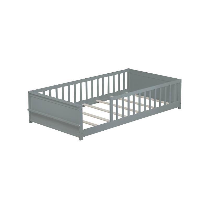 Twin Size Floor Platform Bed with Built-in Book Rack