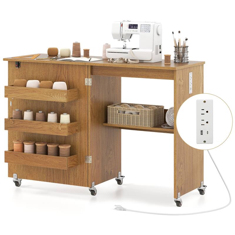 Costway Folding Sewing Machine Table Lockable Casters Rack with 3 - See Details