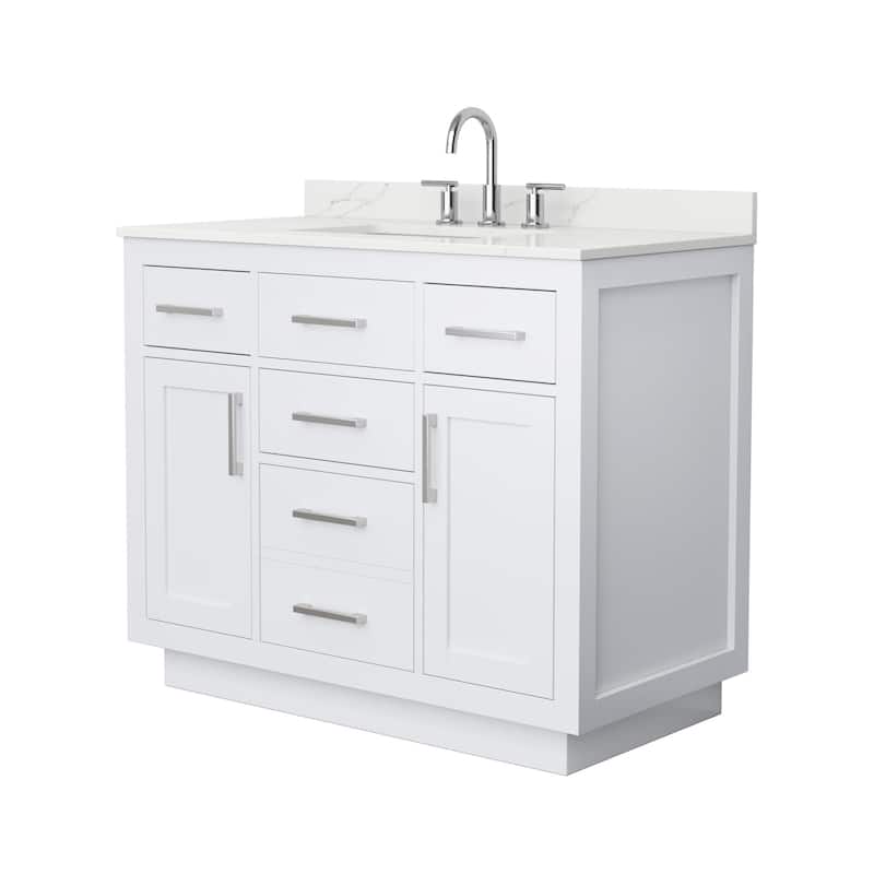 Beckett TK 42-inch Single Vanity, 3 Hole Quartz Top - White, Nickel Trim, Giotto Quartz Top