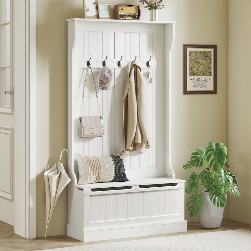 HOMCOM 71" 3-In-1 Hall Tree Storage Bench and Coat Rack with 5 Steel Double Hooks, and Anti-Topple Anchor for Entryway - White