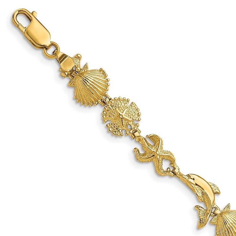Curata 14k Yellow Gold Scallop Sand Dollar Sea shell Nautical Starfish Dolphin Bracelet 7 Inch