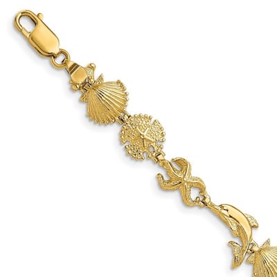 Curata 14k Yellow Gold Scallop Sand Dollar Sea shell Nautical Starfish Dolphin Bracelet 7 Inch