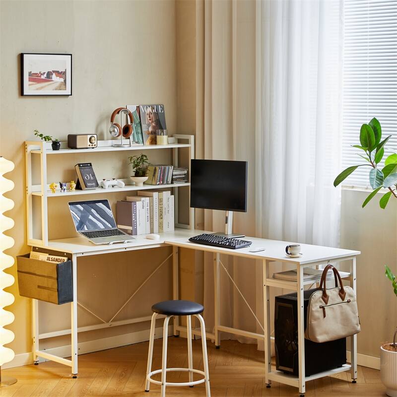 94.5" L Shape Home Office Desk with Storage Shelves and Stool