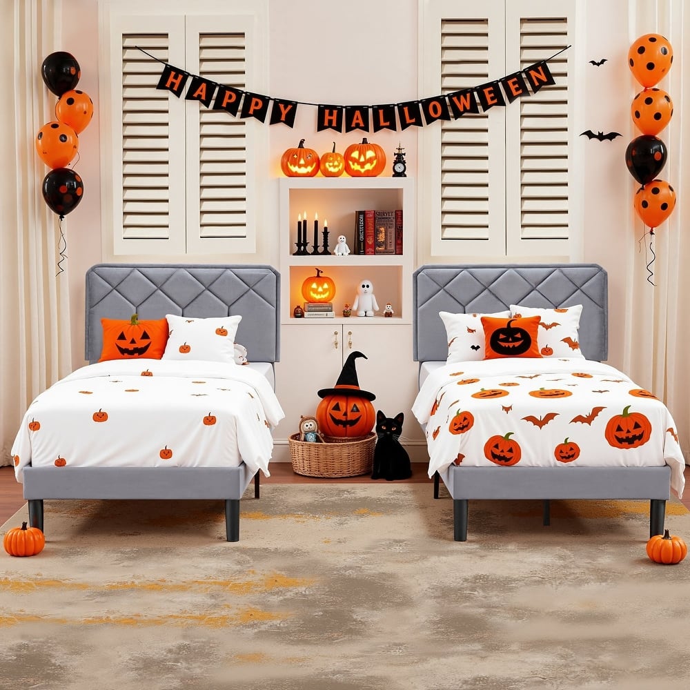 2 Pack Twin Size Kids Bed Frame Height Adjustable Diamond Pattern Upholstered Headboard Bed Twin Size Bed Set of 2