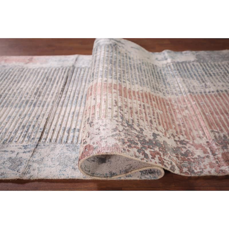 Striped Abstract Indian Runner Rug Hand-Knotted Wool Carpet - 2'7"x 9'7"