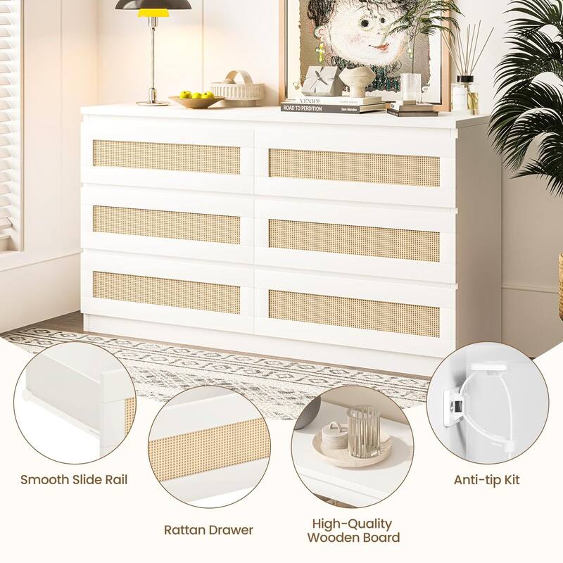Rattan Dresser for Bedroom, Modern 6 Drawer Double Dresser with Anti-Tip Kit
