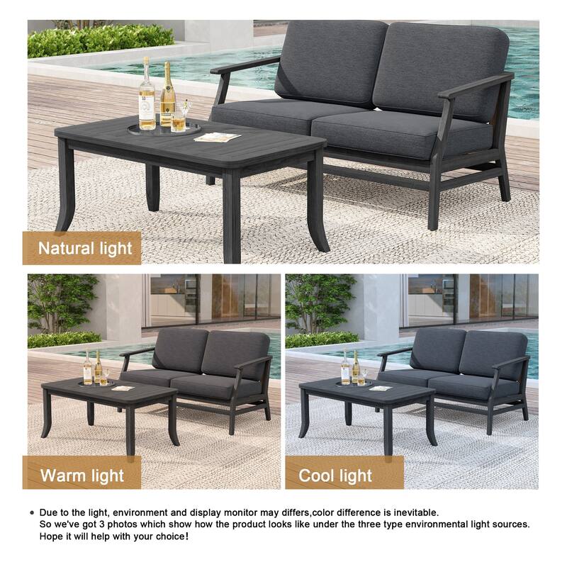 Teak Wood Patio Outdoor Loveseat Sofa and Coffee Table Set