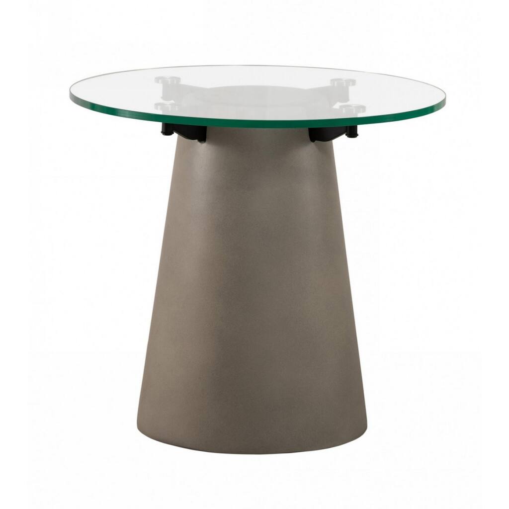 Round Glass Top End Table with Concrete Conical Pedestal Base, Gray