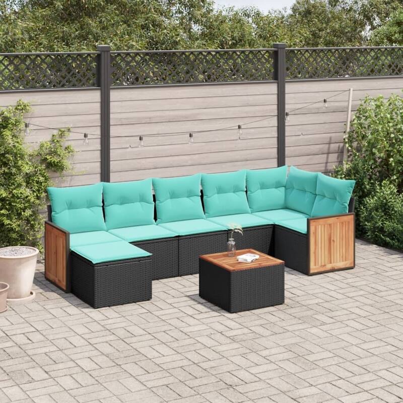 vidaXL 7 Piece Patio Sofa Set with Cushions Black Poly Rattan - 21.7x27.2x24.4-With table