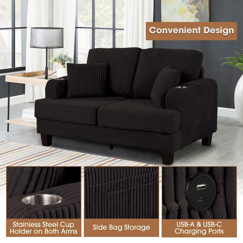 61" Contemporary Corduroy Loveseat Sofa with 2 Pillows and Cup Holder