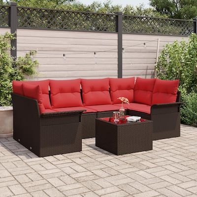 vidaXL 7-Seater Garden Sofa with Cushions Black/Brown/Grey Poly Rattan - 52.2 x 92.1 x 27.2