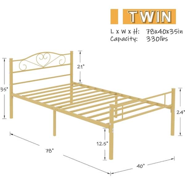 dimension image slide 2 of 4, VECELO Twin Size Metal Bed Frame Set of 2 Victorian Style Kids Beds with Heart Pattern Headboard No Box Spring Needed