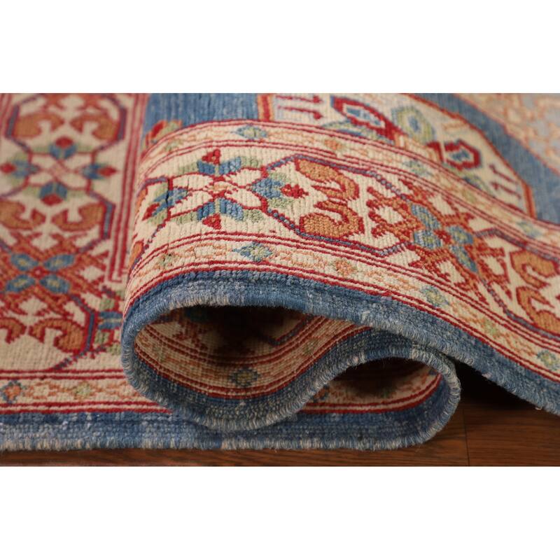 Blue Geometric Kazak Accent Rug Handmade Wool Carpet - 3'2"x 4'8"