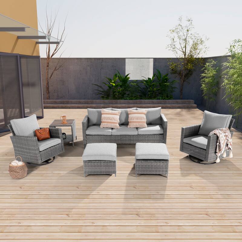 LIVOOSUN Patio 6Pcs Furniture Conversation Gray Rattan Swivel Rocking Sofa Set - Linen Grey
