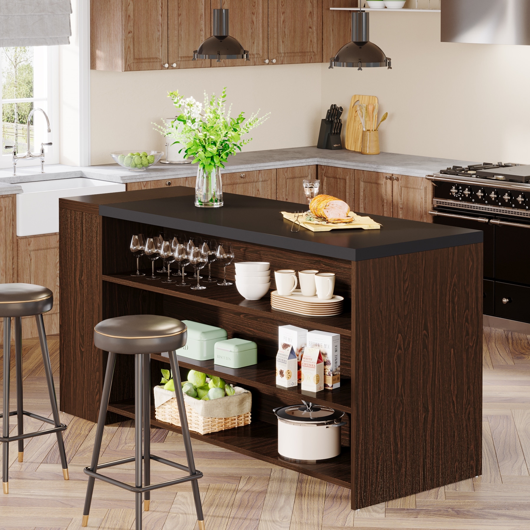 55-Inch Kitchen Island with Storage, Farmhouse 5-Tier Stationary Island Table with 5 Shelves