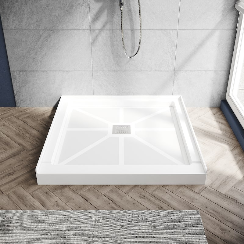 Elegant Square Shower Base Center Drain Anti-slip Single Threshold Shower Pan in White 36" L x 36" W x 4" H with Cover - 36" x 36" x 4" - White