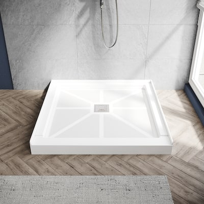 Elegant Square Shower Base Center Drain Anti-slip Single Threshold Shower Pan in White 36" L x 36" W x 4" H with Cover