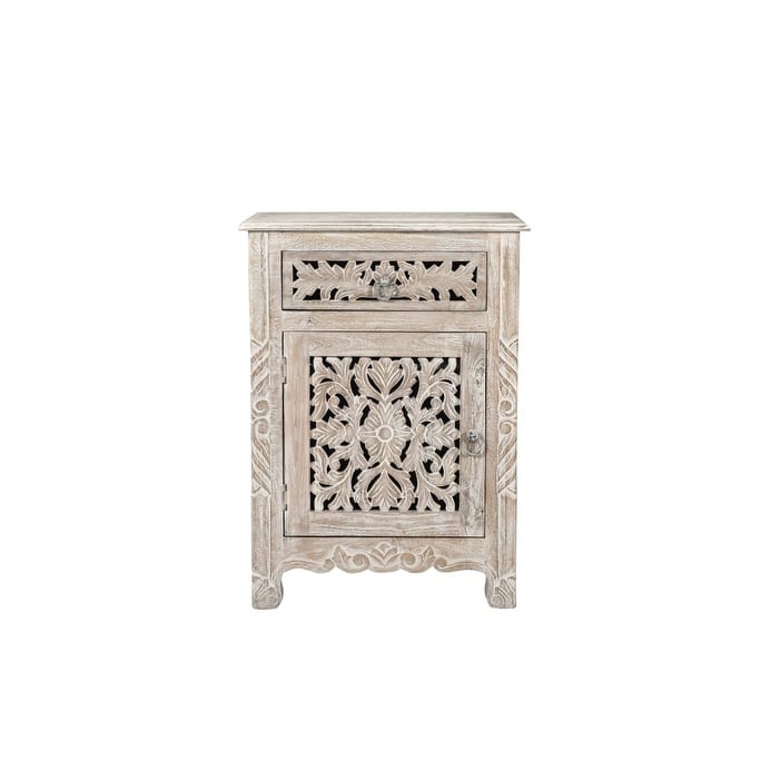 HomeRoots 30" Distressed White One Drawer Floral Carved Solid Wood Nightstand