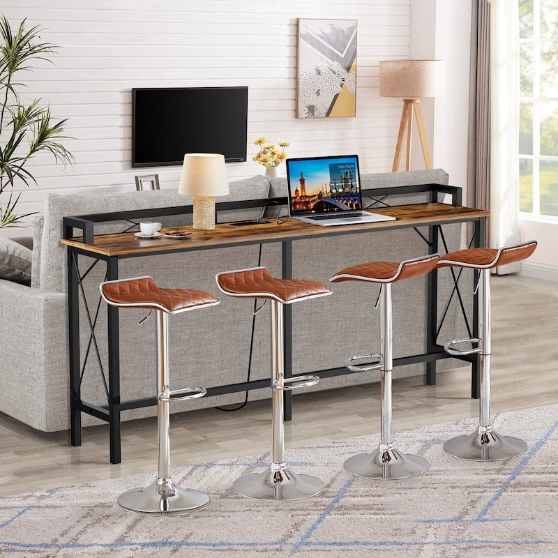 5-Pieces Console Table with Bar Stools Set, with 2 Outlet and 2 USB Ports, Dining Table Sets for Breakfast Nook - 180CM - Brwon+Bar Stool*4