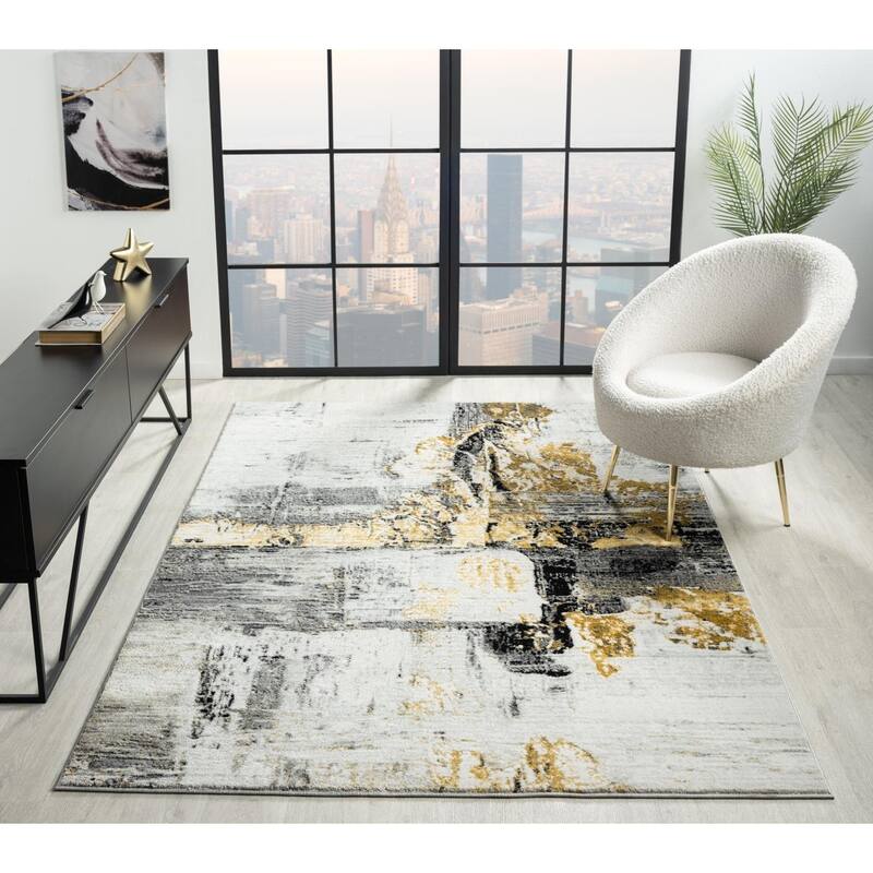 Lavell Collection Abstract White/Gold Area Rug