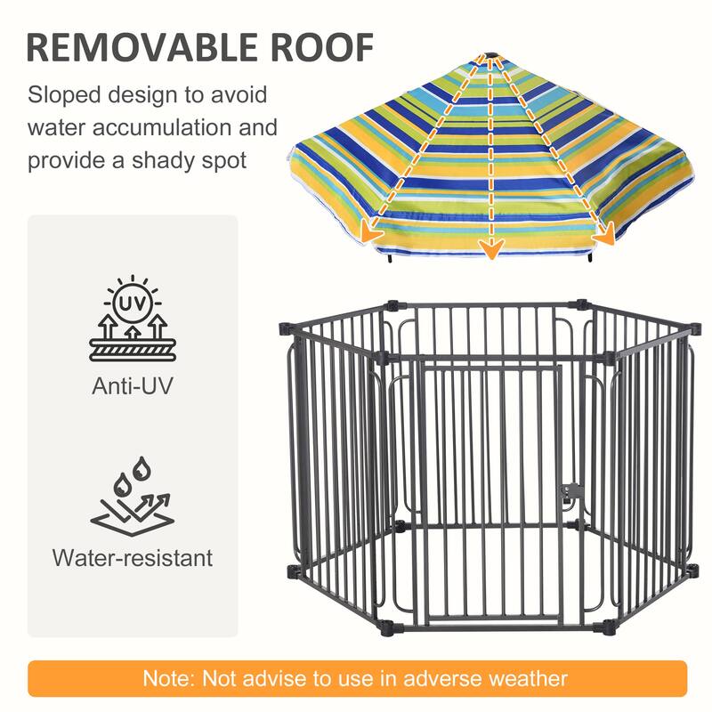 Outdoor Dog Playpen Pet Cage Kennel Puppy Exercise Fence Barrier with Weather-Resistant Polyester Roof Dog House