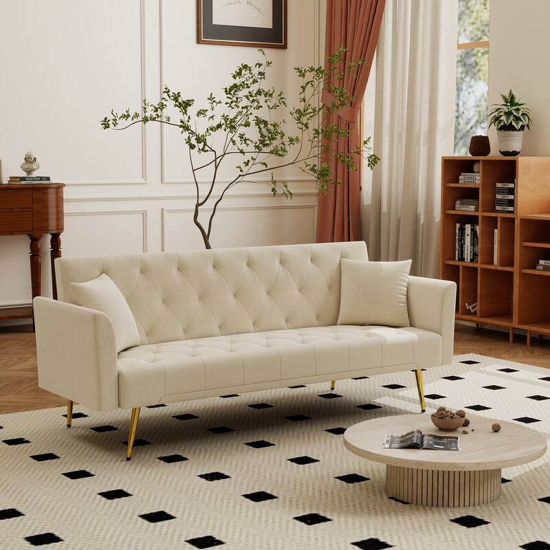 Convertible Sleeper Sofa Bed, Foldable Velvet Loveseat with Adjustable Backrest and Metal Legs, Cloud Chaise Lounge Couch