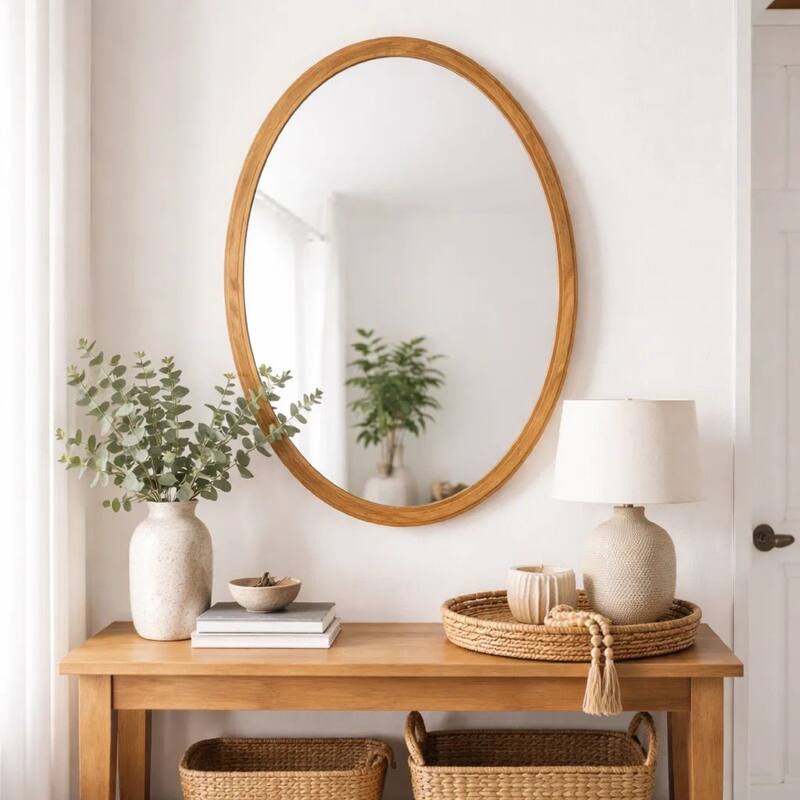33 Inch Modern Accent Wall Mirror, Mountable Oval Wood Frame in Brown