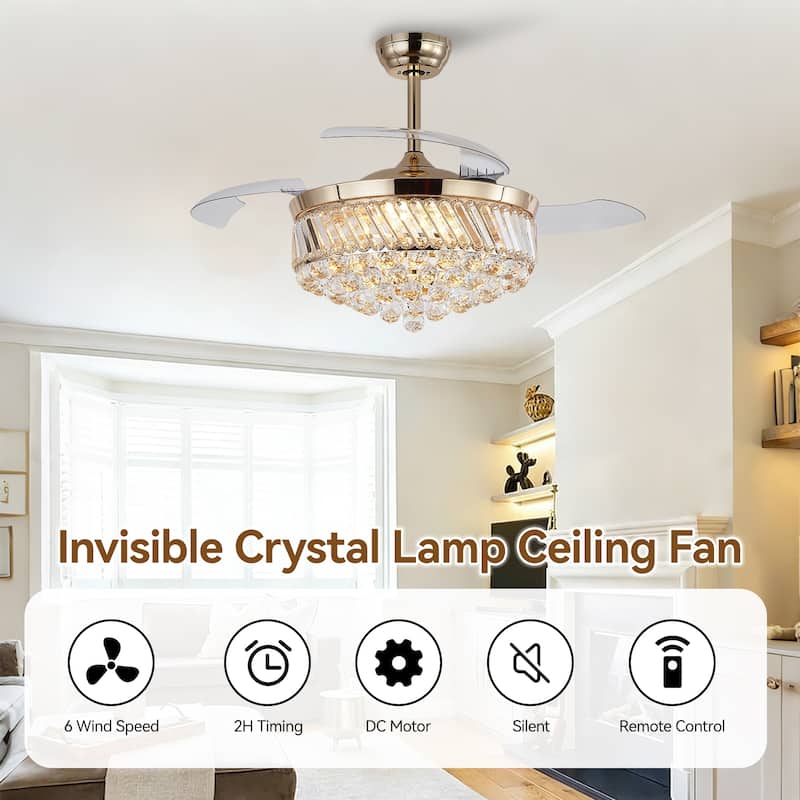 48" Crystal Fandelier Ceiling Fan with Light and Retractable Blades LED Dimmable for Bedroom Living Room - 48 Inches