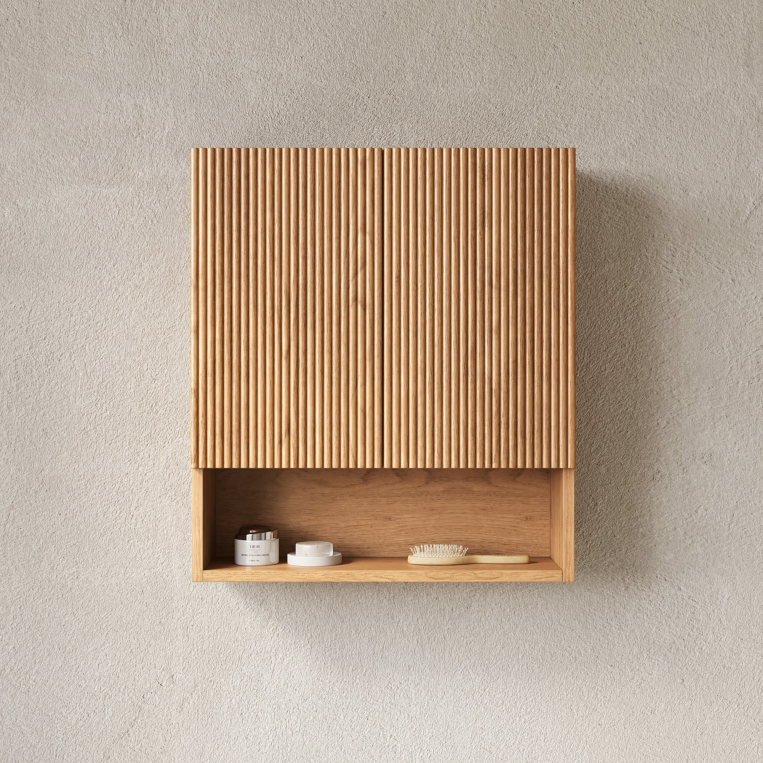 Wall-Mounted Striped Bathroom Cabinet with Doors, Shelf, and Open Storage for Efficient Organization