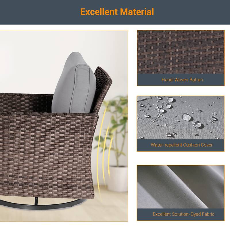LIVOOSUN 3-Piece Patio Sofa Set Brown Rattan Swivel Rocking Chair Glass Table