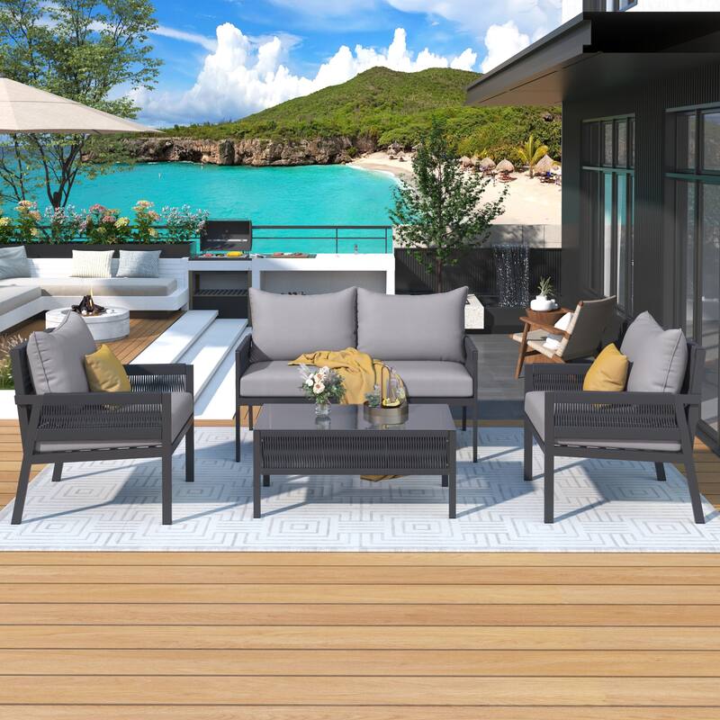 4-Piece Metal Rope Patio Conversation Set with Tempered Glass Table and Cushions