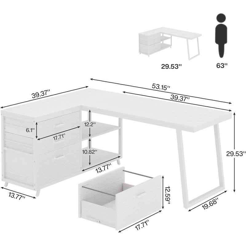 Reversible L Shaped Computer Desk with Drawers and Storage Shelves Modern White Finish Sturdy Home Office Workstation
