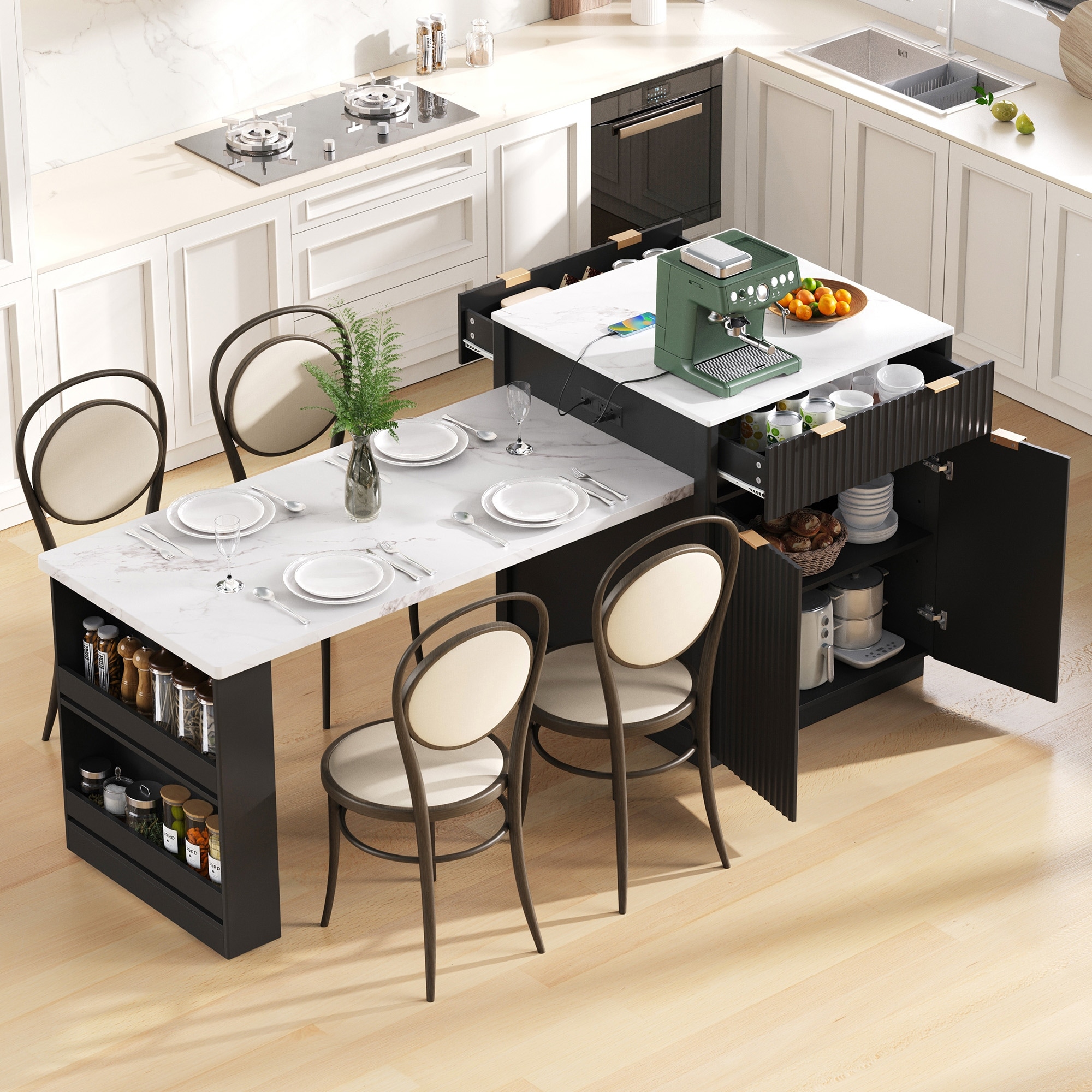 82.6" Fluted Kitchen Island with Extendable Dining Table, Power Outlet, Double-Side Storage for 4-6