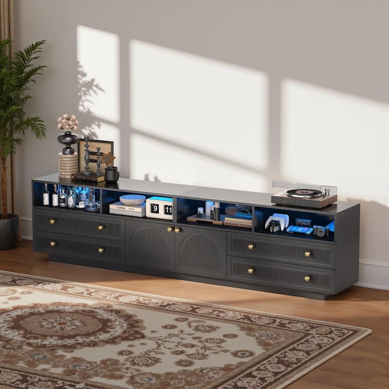 Meyreso 86.6" Modern LED Lighted TV Stand with 4 Open Shelves and Storage Cabinets