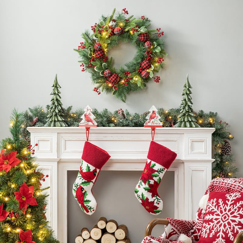 Glitzhome 24"D Snow Berry Twig Ball Pinecone Holly Pine Wreath with Lights & Timer